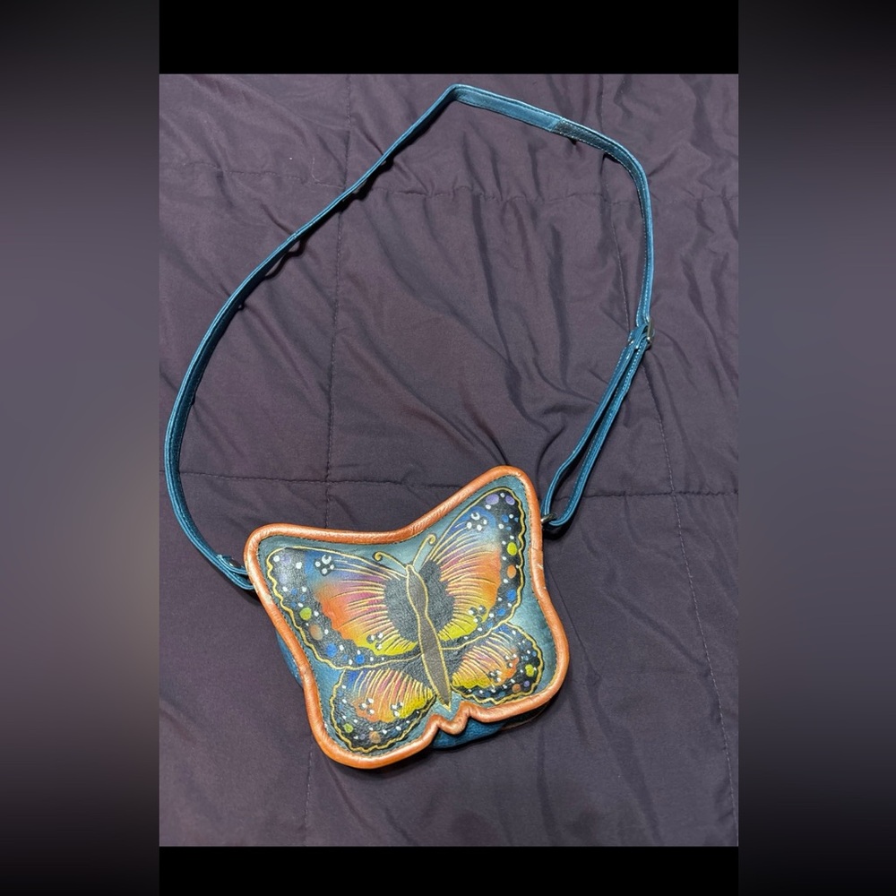 Vintage Butterfly Painted Crossbody Bag - Teal Strap